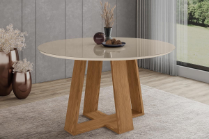 Mesa de Sala Jantar Lins SC130 c/ Tampo Madeirado c/ Vidro Redondo 140x140cm - Henn